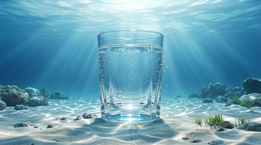 A clear glass of water held underwater, for a free Oklahoma water test